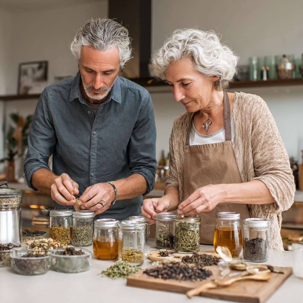 Middle-aged adults preparing herbal infusions for vascular wellness